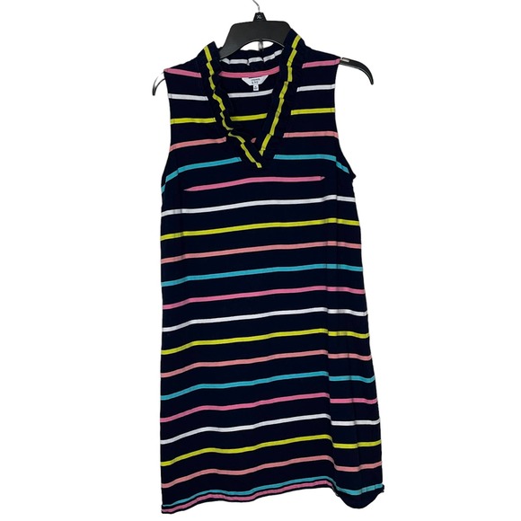 Crown & Ivy Ruffle V-Neck Navy Striped Sleeveless Dress Casual Career Job Medium - Picture 1 of 8